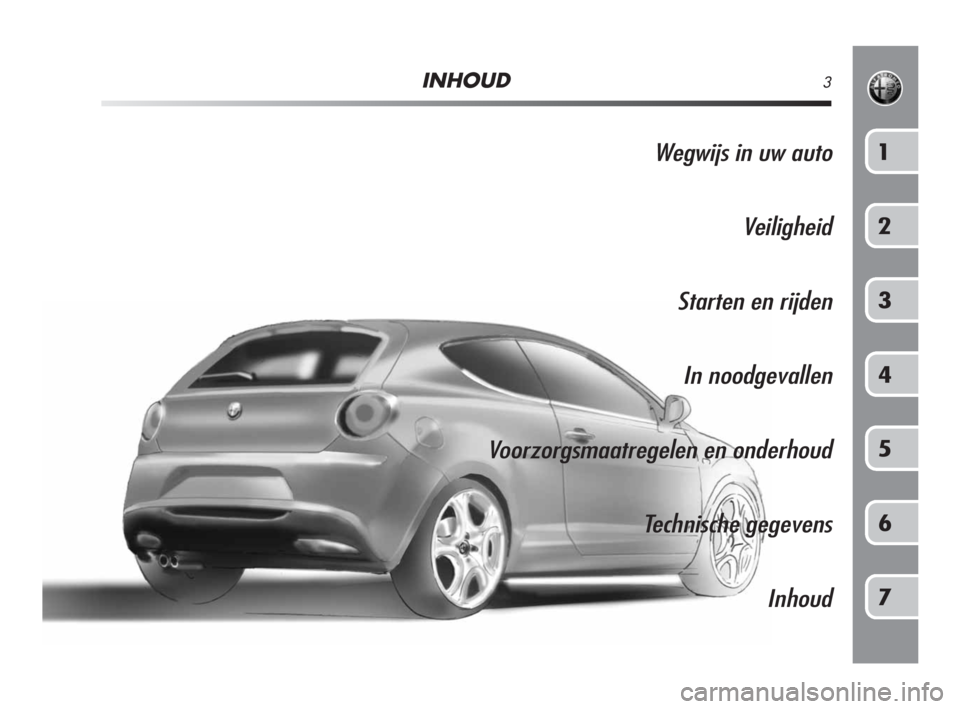 Alfa Romeo MiTo 2008  Instructieboek (in Dutch) INHOUD3
Wegwijs in uw auto
Veiligheid
Starten en rijden
In noodgevallen
Voorzorgsmaatregelen en onderhoud
Technische gegevens
Inhoud1
2
3
4
5
6
7
001-126 Alfa NL MiTo  7-07-2008  9:44  Pagina 3 