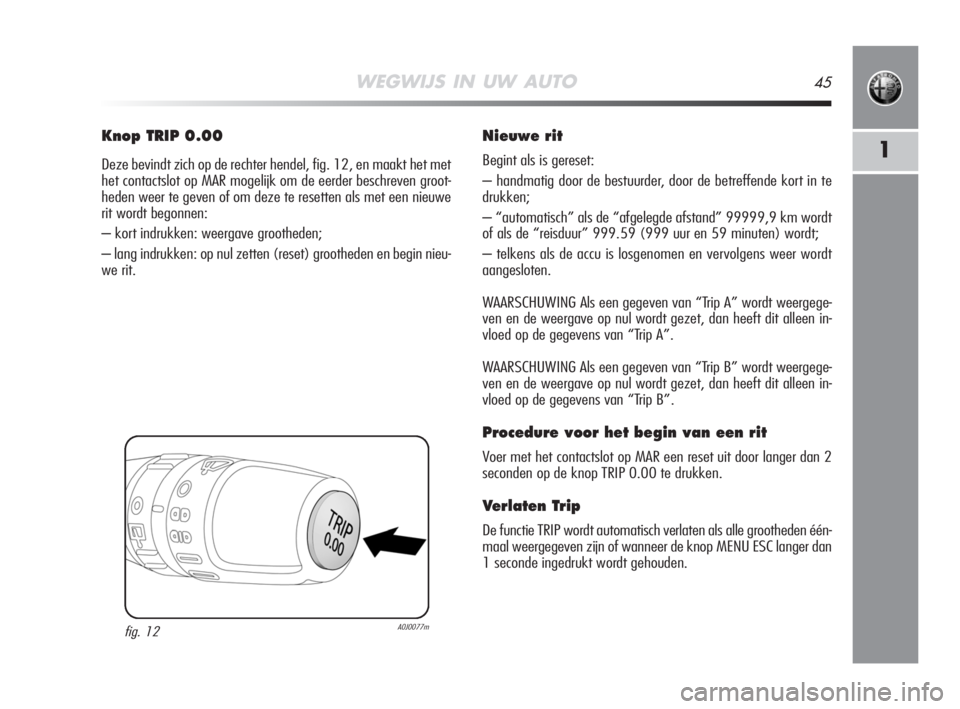 Alfa Romeo MiTo 2008  Instructieboek (in Dutch) WEGWIJS IN UW AUTO45
1
Knop TRIP 0.00
Deze bevindt zich op de rechter hendel, fig. 12, en maakt het met
het contactslot op MAR mogelijk om de eerder beschreven groot-
heden weer te geven of om deze te