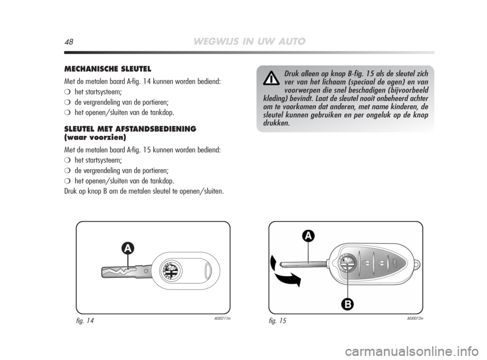 Alfa Romeo MiTo 2008  Instructieboek (in Dutch) 48WEGWIJS IN UW AUTO
MECHANISCHE SLEUTEL
Met de metalen baard A-fig. 14 kunnen worden bediend:
❍het startsysteem;
❍de vergrendeling van de portieren;
❍het openen/sluiten van de tankdop.
SLEUTEL 