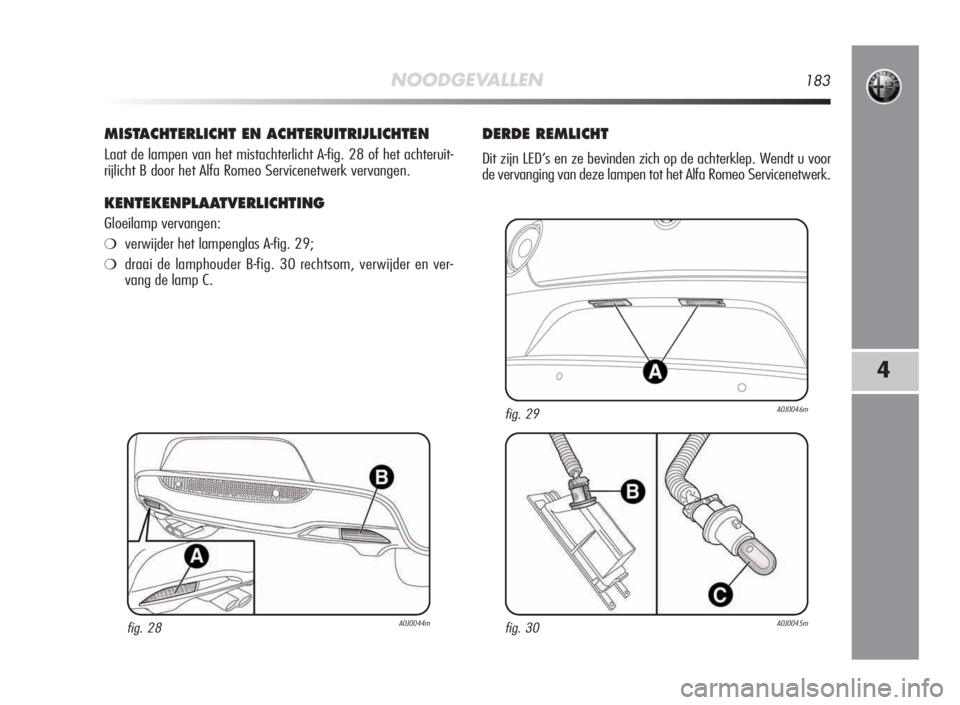 Alfa Romeo MiTo 2010 Instructieboek (in Dutch) NOODGEVALLEN183
4
MISTACHTERLICHT EN ACHTERUITRIJLICHTEN
Laat de lampen van het mistachterlicht A-fig. 28 of het achteruit-
rijlicht B door het Alfa Romeo Servicenetwerk vervangen.
KENTEKENPLAATVERLIC Alfa Romeo MiTo 2010 Instructieboek (in Dutch) NOODGEVALLEN183
4
MISTACHTERLICHT EN ACHTERUITRIJLICHTEN
Laat de lampen van het mistachterlicht A-fig. 28 of het achteruit-
rijlicht B door het Alfa Romeo Servicenetwerk vervangen.
KENTEKENPLAATVERLIC