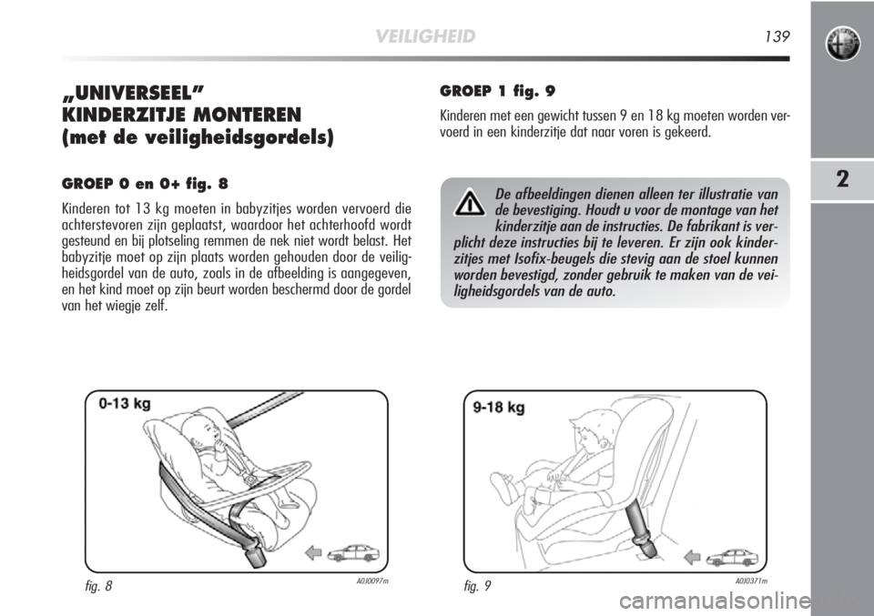 Alfa Romeo MiTo 2012 Instructieboek (in Dutch) VEILIGHEID139
2
„UNIVERSEEL”
KINDERZITJE MONTEREN
(met de veiligheidsgordels)
GROEP 0 en 0+ fig. 8
Kinderen tot 13 kg moeten in babyzitjes worden vervoerd die
achterstevoren zijn geplaatst, waard Alfa Romeo MiTo 2012 Instructieboek (in Dutch) VEILIGHEID139
2
„UNIVERSEEL”
KINDERZITJE MONTEREN
(met de veiligheidsgordels)
GROEP 0 en 0+ fig. 8
Kinderen tot 13 kg moeten in babyzitjes worden vervoerd die
achterstevoren zijn geplaatst, waard