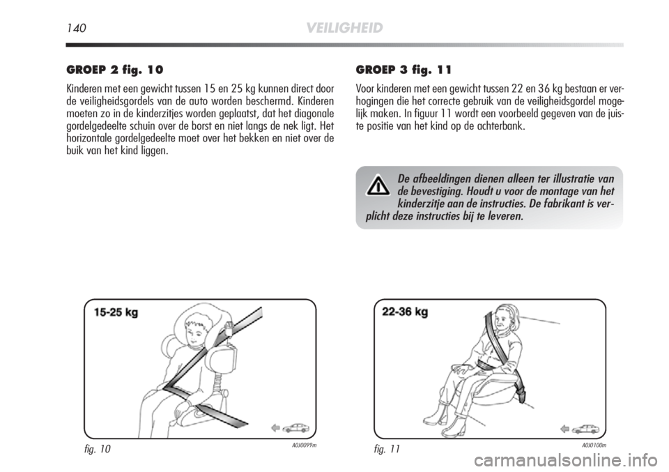 Alfa Romeo MiTo 2012  Instructieboek (in Dutch) 140VEILIGHEID
GROEP 2 fig. 10
Kinderen met een gewicht tussen 15 en 25 kg kunnen direct door
de veiligheidsgordels van de auto worden beschermd. Kinderen
moeten zo in de kinderzitjes worden geplaatst,