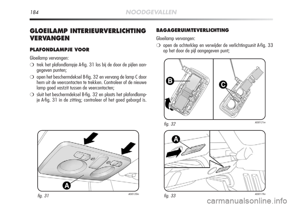 Alfa Romeo MiTo 2012 Instructieboek (in Dutch) 184NOODGEVALLEN
GLOEILAMP INTERIEURVERLICHTING
VERVANGEN
PLAFONDLAMPJE VOOR
Gloeilamp vervangen:
❍trek het plafondlampje A-fig. 31 los bij de door de pijlen aan-
gegeven punten;
❍open het bescherm Alfa Romeo MiTo 2012 Instructieboek (in Dutch) 184NOODGEVALLEN
GLOEILAMP INTERIEURVERLICHTING
VERVANGEN
PLAFONDLAMPJE VOOR
Gloeilamp vervangen:
❍trek het plafondlampje A-fig. 31 los bij de door de pijlen aan-
gegeven punten;
❍open het bescherm