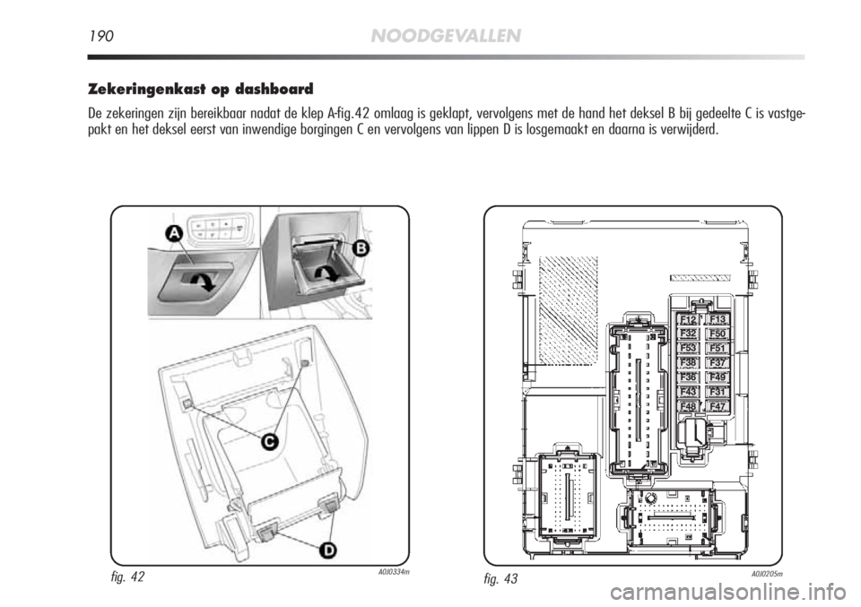 Alfa Romeo MiTo 2012  Instructieboek (in Dutch) 190NOODGEVALLEN
Zekeringenkast op dashboard
De zekeringen zijn bereikbaar nadat de klep A-fig.42 omlaag is geklapt, vervolgens met de hand het deksel B bij gedeelte C is vastge-
pakt en het deksel eer