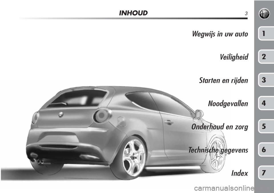 Alfa Romeo MiTo 2011  Instructieboek (in Dutch) INHOUD3
Wegwijs in uw autoVeiligheid
Starten en rijden Noodgevallen
Onderhoud en zorg Technische gegevens Index1
2
3
4
5
6
7 