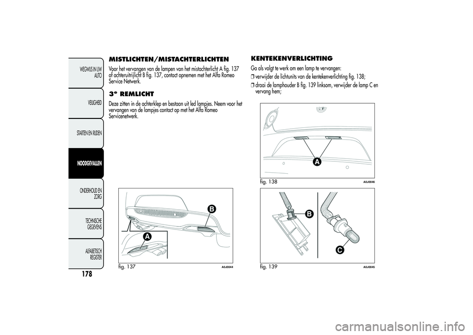 Alfa Romeo MiTo 2013 Instructieboek (in Dutch) MISTLICHTEN/MISTACHTERLICHTENVoor het vervangen van de lampen van het mistachterlicht A fig. 137
of achteruitrijlicht B fig. 137, contact opnemen met het Alfa Romeo
Service Netwerk.3e
REMLICHT
Deze zi Alfa Romeo MiTo 2013 Instructieboek (in Dutch) MISTLICHTEN/MISTACHTERLICHTENVoor het vervangen van de lampen van het mistachterlicht A fig. 137
of achteruitrijlicht B fig. 137, contact opnemen met het Alfa Romeo
Service Netwerk.3e
REMLICHT
Deze zi