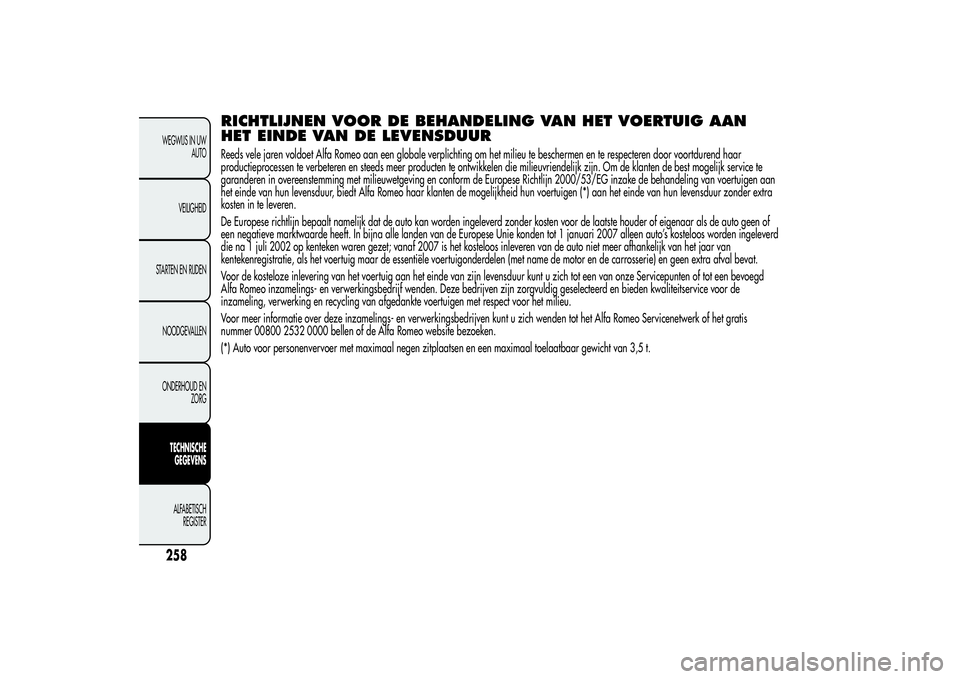 Alfa Romeo MiTo 2013 Instructieboek (in Dutch) RICHTLIJNEN VOOR DE BEHANDELING VAN HET VOERTUIG AAN
HET EINDE VAN DE LEVENSDUURReeds vele jaren voldoet Alfa Romeo aan een globale verplichting om het milieu te beschermen en te respecteren door voor Alfa Romeo MiTo 2013 Instructieboek (in Dutch) RICHTLIJNEN VOOR DE BEHANDELING VAN HET VOERTUIG AAN
HET EINDE VAN DE LEVENSDUURReeds vele jaren voldoet Alfa Romeo aan een globale verplichting om het milieu te beschermen en te respecteren door voor