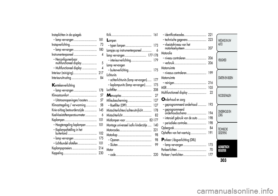 Alfa Romeo MiTo 2013 Instructieboek (in Dutch) Instaplichten in de spiegels
– lamp vervangen .............................. 181
Instapverlichting ................................... 73
– lamp vervangen .............................. 180
Instru Alfa Romeo MiTo 2013 Instructieboek (in Dutch) Instaplichten in de spiegels
– lamp vervangen .............................. 181
Instapverlichting ................................... 73
– lamp vervangen .............................. 180
Instru