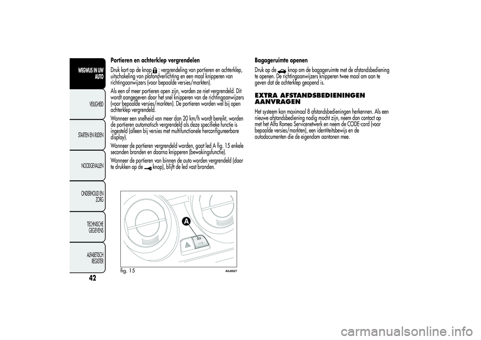 Alfa Romeo MiTo 2013  Instructieboek (in Dutch) Portieren en achterklep vergrendelen
Druk kort op de knop
: vergrendeling van portieren en achterklep,
uitschakeling van plafondverlichting en een maal knipperen van
richtingaanwijzers (voor bepaalde 