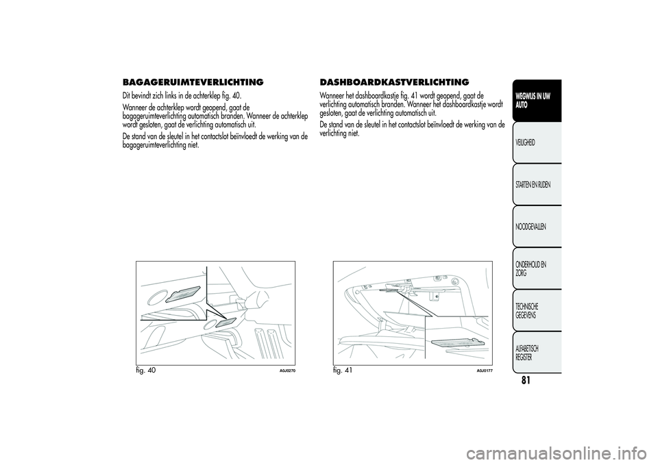 Alfa Romeo MiTo 2013  Instructieboek (in Dutch) BAGAGERUIMTEVERLICHTINGDit bevindt zich links in de achterklep fig. 40.
Wanneer de achterklep wordt geopend, gaat de
bagageruimteverlichting automatisch branden. Wanneer de achterklep
wordt gesloten, 
