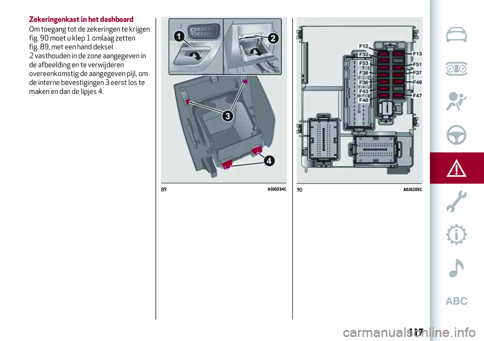 Alfa Romeo MiTo 2018 Instructieboek (in Dutch) 89A0J0334C
117
Zekeringenkast in het dashboard
Om toegang tot de zekeringen te krijgen
fig. 90 moet u klep 1 omlaag zetten
fig. 89, met een hand deksel
2 vasthouden in de zone aangegeven in
de afbeeld Alfa Romeo MiTo 2018 Instructieboek (in Dutch) 89A0J0334C
117
Zekeringenkast in het dashboard
Om toegang tot de zekeringen te krijgen
fig. 90 moet u klep 1 omlaag zetten
fig. 89, met een hand deksel
2 vasthouden in de zone aangegeven in
de afbeeld