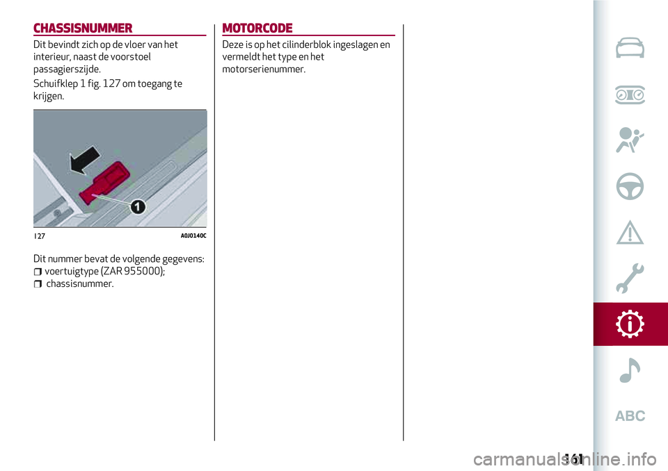 Alfa Romeo MiTo 2018 Instructieboek (in Dutch) CHASSISNUMMER
Dit bevindt zich op de vloer van het
interieur, naast de voorstoel
passagierszijde.
Schuifklep 1 fig. 127 om toegang te
krijgen.
Dit nummer bevat de volgende gegevens:
voertuigtype (ZAR Alfa Romeo MiTo 2018 Instructieboek (in Dutch) CHASSISNUMMER
Dit bevindt zich op de vloer van het
interieur, naast de voorstoel
passagierszijde.
Schuifklep 1 fig. 127 om toegang te
krijgen.
Dit nummer bevat de volgende gegevens:
voertuigtype (ZAR
