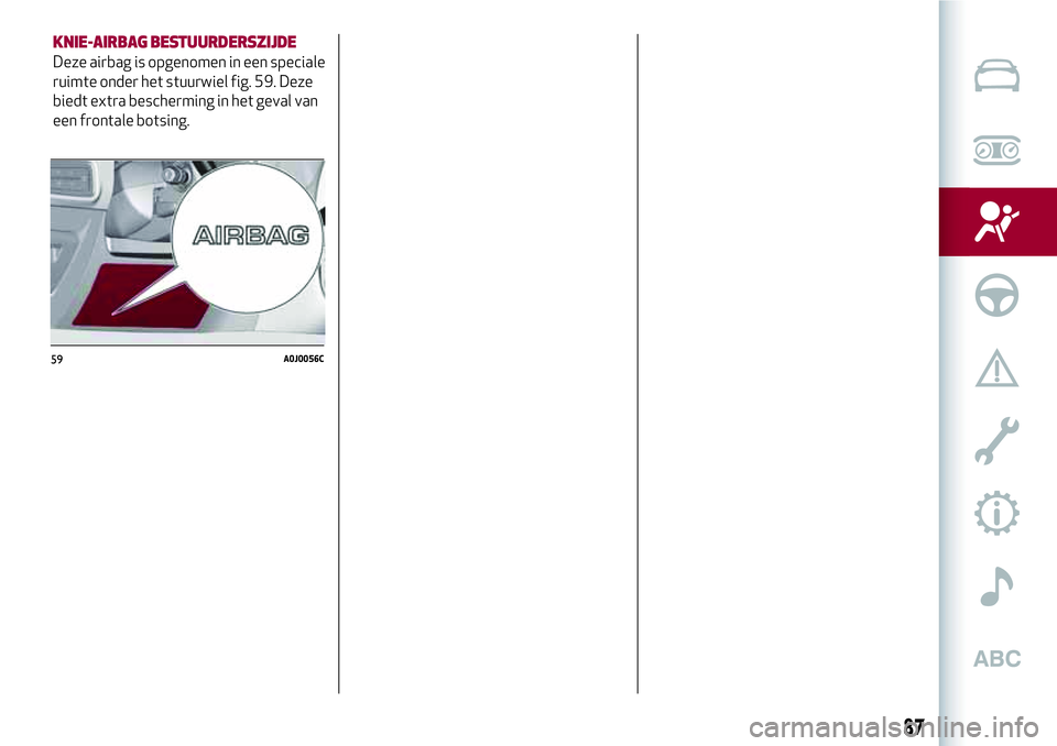 Alfa Romeo MiTo 2018 Instructieboek (in Dutch) 59A0J0056C
87
KNIE-AIRBAG BESTUURDERSZIJDE
Deze airbag is opgenomen in een speciale
ruimte onder het stuurwiel fig. 59. Deze
biedt extra bescherming in het geval van
een frontale botsing. Alfa Romeo MiTo 2018 Instructieboek (in Dutch) 59A0J0056C
87
KNIE-AIRBAG BESTUURDERSZIJDE
Deze airbag is opgenomen in een speciale
ruimte onder het stuurwiel fig. 59. Deze
biedt extra bescherming in het geval van
een frontale botsing.