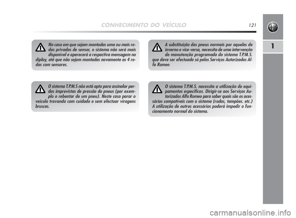 Alfa Romeo MiTo 2008 Manual de Uso e Manutenção (in Portuguese) CONHECIMENTO DO VEÍCULO121
1No caso em que sejam montadas uma ou mais ro-
das privadas de sensor, o sistema não será mais
disponivel e aperecerá a respectiva mensagem no
diplay, até que não seja Alfa Romeo MiTo 2008 Manual de Uso e Manutenção (in Portuguese) CONHECIMENTO DO VEÍCULO121
1No caso em que sejam montadas uma ou mais ro-
das privadas de sensor, o sistema não será mais
disponivel e aperecerá a respectiva mensagem no
diplay, até que não seja