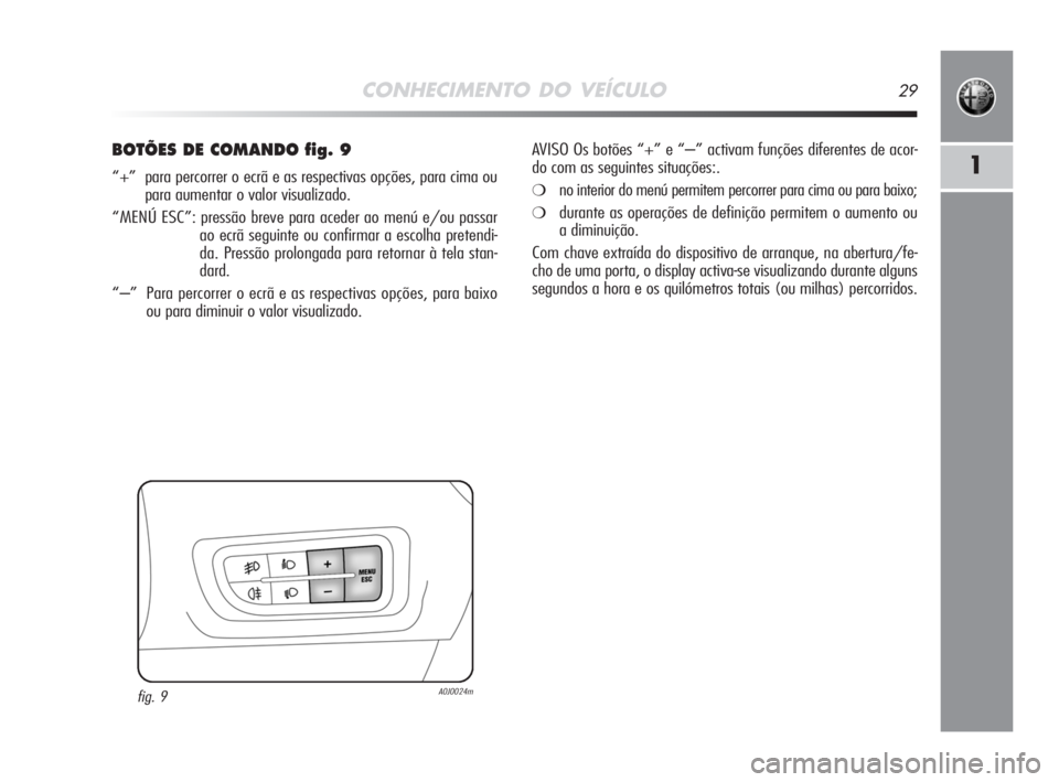Alfa Romeo MiTo 2008 Manual de Uso e Manutenção (in Portuguese) CONHECIMENTO DO VEÍCULO29
1
BOTÕES DE COMANDO fig. 9
“+” para percorrer o ecrã e as respectivas opções, para cima ou
para aumentar o valor visualizado.
“MENÚ ESC”: pressão breve para a Alfa Romeo MiTo 2008 Manual de Uso e Manutenção (in Portuguese) CONHECIMENTO DO VEÍCULO29
1
BOTÕES DE COMANDO fig. 9
“+” para percorrer o ecrã e as respectivas opções, para cima ou
para aumentar o valor visualizado.
“MENÚ ESC”: pressão breve para a