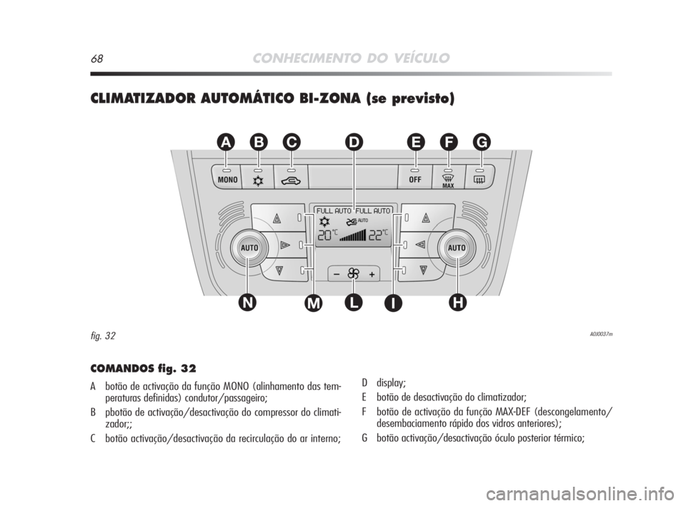 Alfa Romeo MiTo 2008 Manual de Uso e Manutenção (in Portuguese) 68CONHECIMENTO DO VEÍCULO
CLIMATIZADOR AUTOMÁTICO BI-ZONA (se previsto)
EFGABC
L
D
NHIM
A0J0037mfig. 32
COMANDOS fig. 32
A botão de activação da função MONO (alinhamento das tem-
peraturas defi Alfa Romeo MiTo 2008 Manual de Uso e Manutenção (in Portuguese) 68CONHECIMENTO DO VEÍCULO
CLIMATIZADOR AUTOMÁTICO BI-ZONA (se previsto)
EFGABC
L
D
NHIM
A0J0037mfig. 32
COMANDOS fig. 32
A botão de activação da função MONO (alinhamento das tem-
peraturas defi