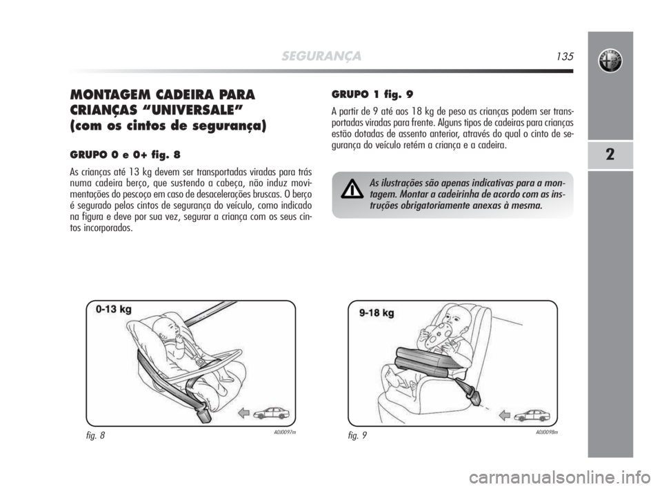 Alfa Romeo MiTo 2009 Manual de Uso e Manutenção (in Portuguese) SEGURANÇA135
2
MONTAGEM CADEIRA PARA
CRIANÇAS “UNIVERSALE”
(com os cintos de segurança)
GRUPO 0 e 0+ fig. 8
As crianças até 13 kg devem ser transportadas viradas para trás
numa cadeira ber Alfa Romeo MiTo 2009 Manual de Uso e Manutenção (in Portuguese) SEGURANÇA135
2
MONTAGEM CADEIRA PARA
CRIANÇAS “UNIVERSALE”
(com os cintos de segurança)
GRUPO 0 e 0+ fig. 8
As crianças até 13 kg devem ser transportadas viradas para trás
numa cadeira ber