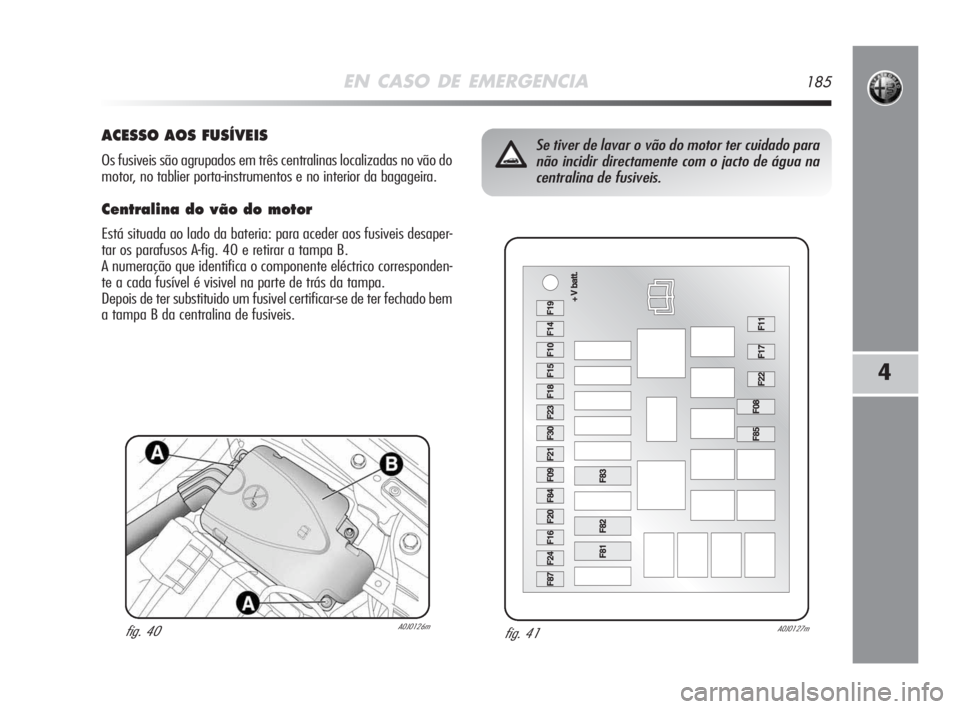 Alfa Romeo MiTo 2009  Manual de Uso e Manutenção (in Portuguese) EN CASO DE EMERGENCIA185
4
fig. 41A0J0127m
Se tiver de lavar o vão do motor ter cuidado para
não incidir directamente com o jacto de água na
centralina de fusiveis.ACESSO AOS FUSÍVEIS
Os fusiveis 