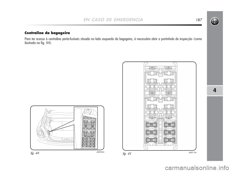 Alfa Romeo MiTo 2009  Manual de Uso e Manutenção (in Portuguese) EN CASO DE EMERGENCIA187
4
Centralina da bagageira
Para ter acesso à centralina porta-fusíveis situada no lado esquerdo da bagageira, é necessário abrir a portinhola de inspecção (como
ilustrado
