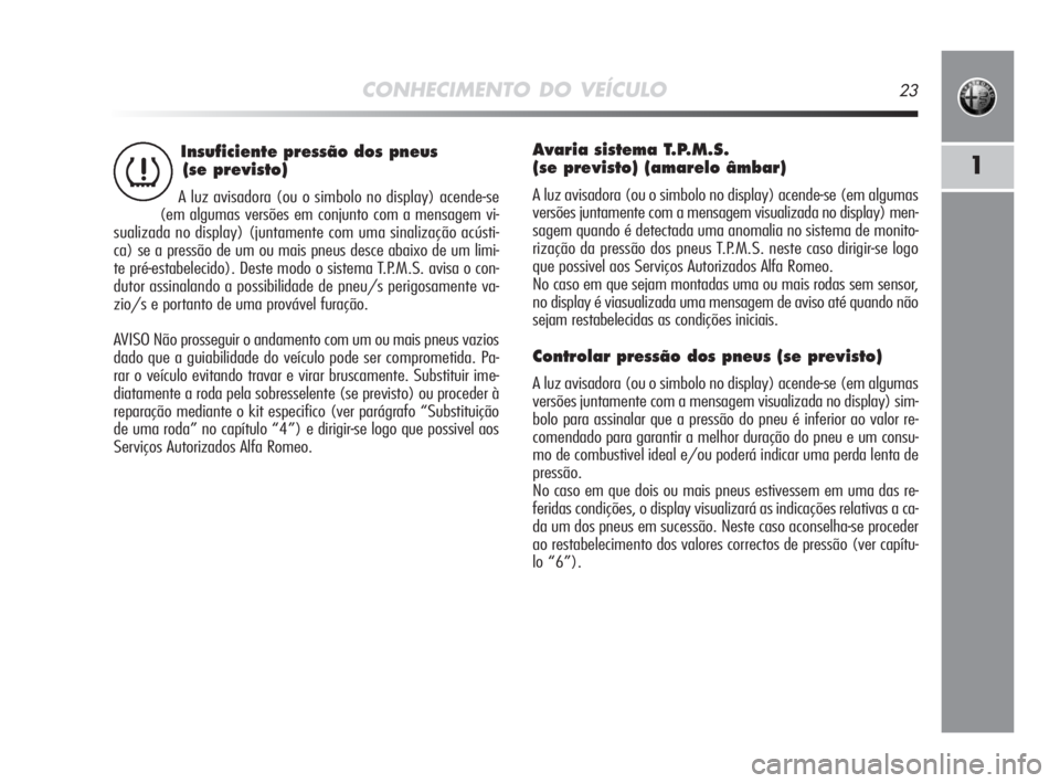 Alfa Romeo MiTo 2009  Manual de Uso e Manutenção (in Portuguese) CONHECIMENTO DO VEÍCULO23
1
Insuficiente pressão dos pneus 
(se previsto)
A luz avisadora (ou o simbolo no display) acende-se
(em algumas versões em conjunto com a mensagem vi-
sualizada no display