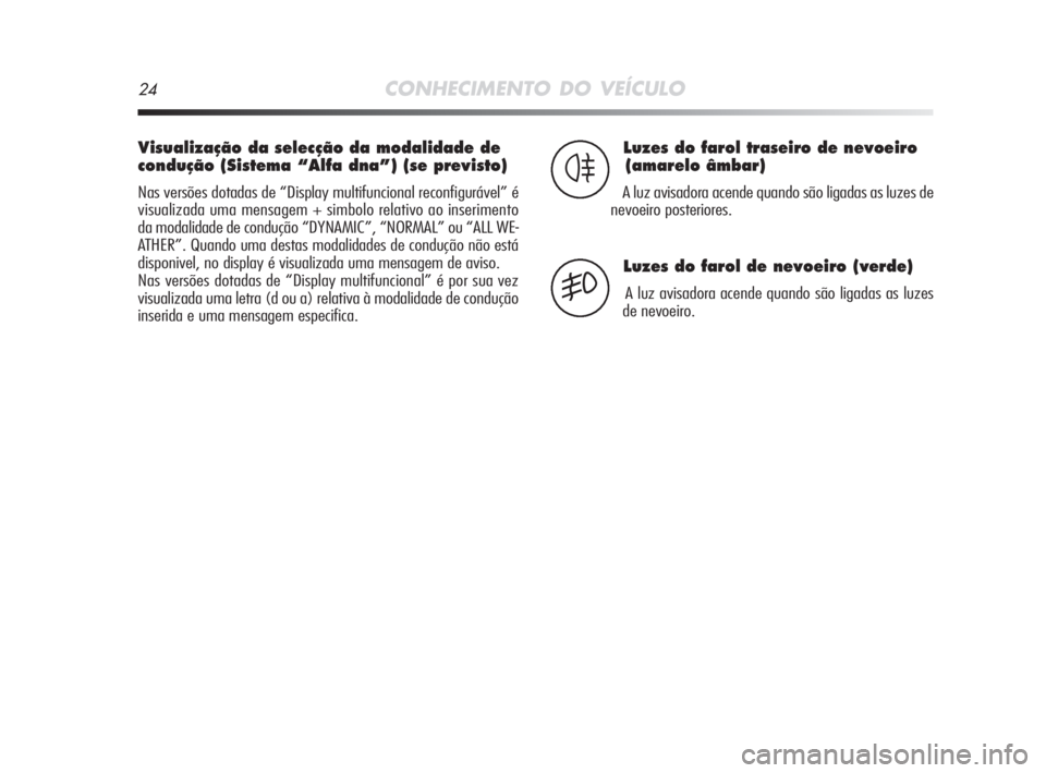 Alfa Romeo MiTo 2009  Manual de Uso e Manutenção (in Portuguese) 24CONHECIMENTO DO VEÍCULO
Visualização da selecção da modalidade de
condução (Sistema “Alfa dna”) (se previsto)
Nas versões dotadas de “Display multifuncional reconfigurável” é
visua