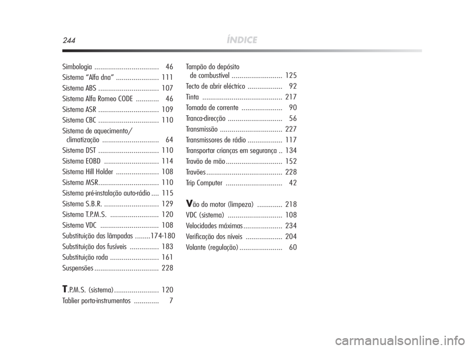 Alfa Romeo MiTo 2009  Manual de Uso e Manutenção (in Portuguese) 244ÍNDICE
Simbologia................................. 46
Sistema “Alfa dna”...................... 111
Sistema ABS............................... 107
Sistema Alfa Romeo CODE  ............ 46
Siste