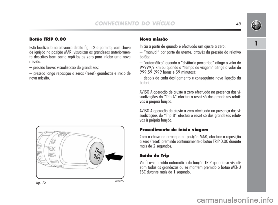 Alfa Romeo MiTo 2009  Manual de Uso e Manutenção (in Portuguese) CONHECIMENTO DO VEÍCULO45
1
Botão TRIP 0.00
Está localizado na alavanca direita fig. 12 e permite, com chave
de ignição na posição MAR, visualizar as grandezas anteriormen-
te descritas bem com