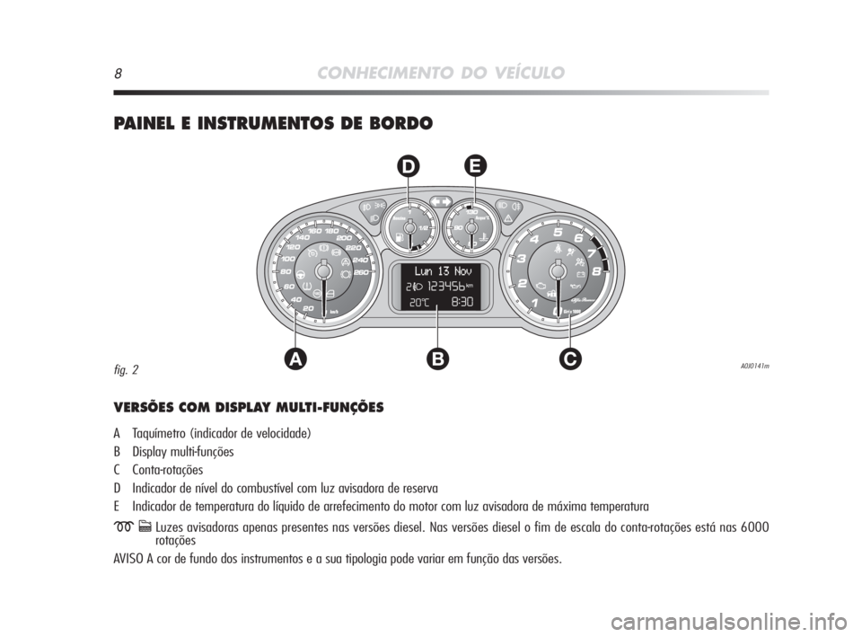 Alfa Romeo MiTo 2009  Manual de Uso e Manutenção (in Portuguese) 8CONHECIMENTO DO VEÍCULO
PAINEL E INSTRUMENTOS DE BORDO
AC
DE
B
VERSÕES COM DISPLAY MULTI-FUNÇÕES
A Taquímetro (indicador de velocidade)
B Display multi-funções
C Conta-rotações
D Indicador d