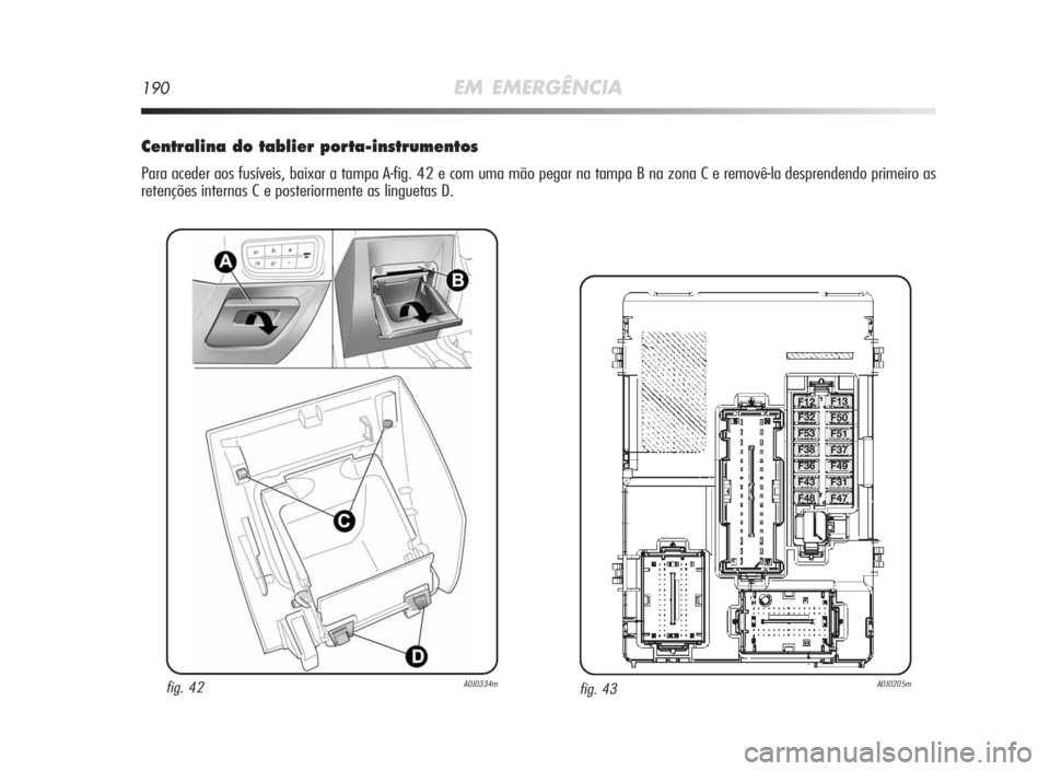 Alfa Romeo MiTo 2010  Manual de Uso e Manutenção (in Portuguese) 190EM EMERGÊNCIA
Centralinadotablierporta-instrumentos
Para aceder aos fusíveis, baixar a tampa A-fig. 42 e com uma mão pegar na tampa B na zona C e removê-la desprendendo primeiro as
retenções 