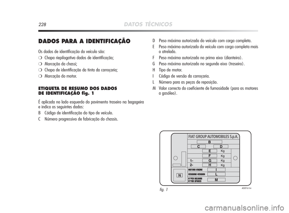 Alfa Romeo MiTo 2010  Manual de Uso e Manutenção (in Portuguese) 228DATOS TÉCNICOS
DADOS PARA A IDENTIFICAÇÃO 
Os dados de identificação do veículo são:
❍Chapa riepilogativa dados de identificação;
❍Marcação da chassi;
❍Chapa de identificação da 