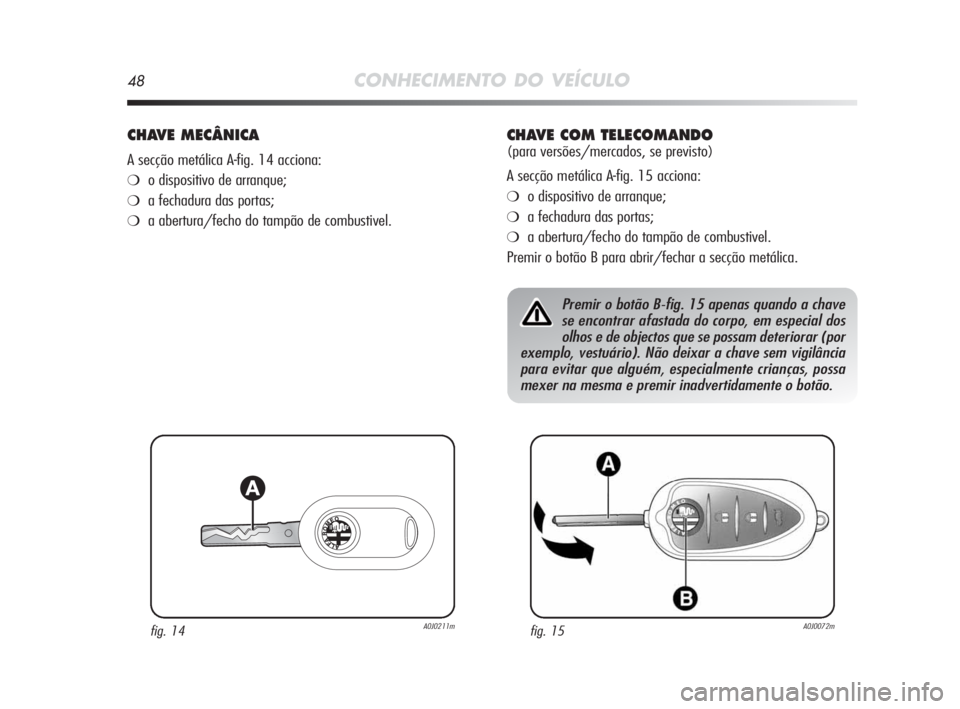 Alfa Romeo MiTo 2010 Manual de Uso e Manutenção (in Portuguese) 48CONHECIMENTO DO VEÍCULO
CHAVE MECÂNICA
A secção metálica A-fig. 14 acciona:
❍o dispositivo de arranque;
❍a fechadura das portas;
❍a abertura/fecho do tampão de combustivel.
fig. 14A0J021 Alfa Romeo MiTo 2010 Manual de Uso e Manutenção (in Portuguese) 48CONHECIMENTO DO VEÍCULO
CHAVE MECÂNICA
A secção metálica A-fig. 14 acciona:
❍o dispositivo de arranque;
❍a fechadura das portas;
❍a abertura/fecho do tampão de combustivel.
fig. 14A0J021