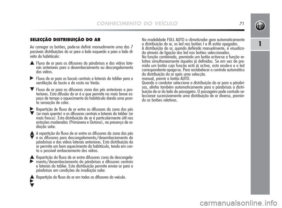 Alfa Romeo MiTo 2010 Manual de Uso e Manutenção (in Portuguese) CONHECIMENTO DO VEÍCULO71
1
Na modalidade FULL AUTO o climatizador gere automaticamente
a distribuição do ar, os led nos botões I e M estão apagados.
A distribuição do ar, quando defiinida manu Alfa Romeo MiTo 2010 Manual de Uso e Manutenção (in Portuguese) CONHECIMENTO DO VEÍCULO71
1
Na modalidade FULL AUTO o climatizador gere automaticamente
a distribuição do ar, os led nos botões I e M estão apagados.
A distribuição do ar, quando defiinida manu