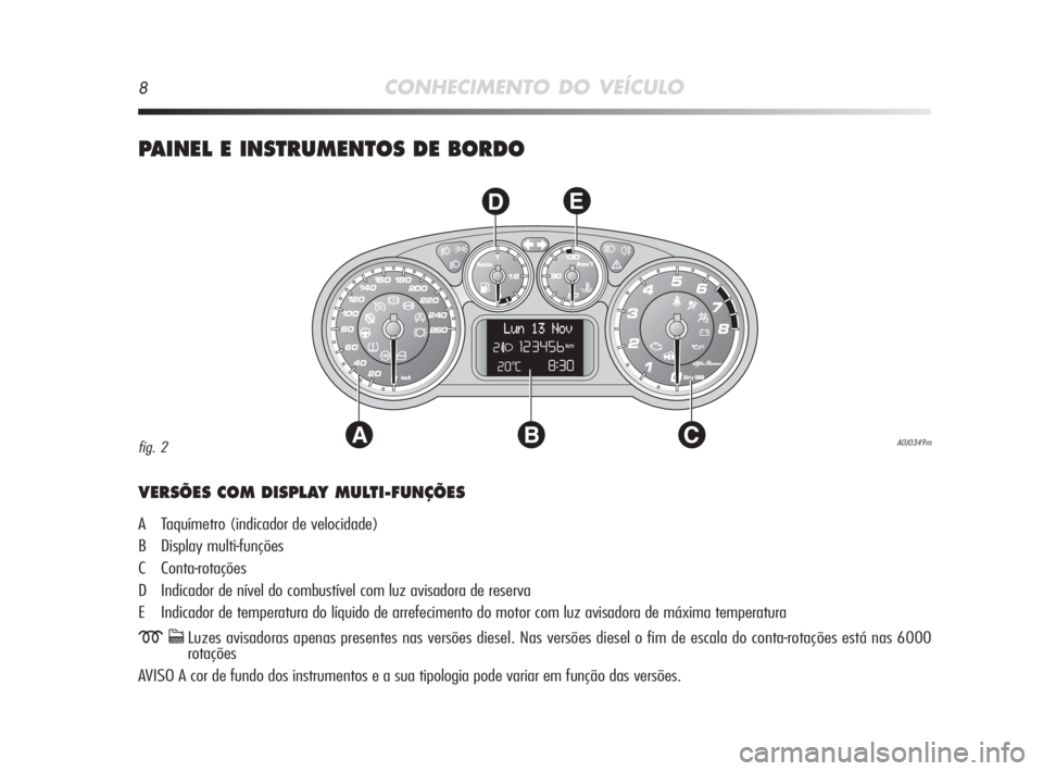 Alfa Romeo MiTo 2010 Manual de Uso e Manutenção (in Portuguese) 8CONHECIMENTO DO VEÍCULO
PAINEL E INSTRUMENTOS DE BORDO
AC
DE
B
VERSÕES COM DISPLAY MULTI-FUNÇÕES
A Taquímetro (indicador de velocidade)
B Display multi-funções
C Conta-rotações
D Indicador d Alfa Romeo MiTo 2010 Manual de Uso e Manutenção (in Portuguese) 8CONHECIMENTO DO VEÍCULO
PAINEL E INSTRUMENTOS DE BORDO
AC
DE
B
VERSÕES COM DISPLAY MULTI-FUNÇÕES
A Taquímetro (indicador de velocidade)
B Display multi-funções
C Conta-rotações
D Indicador d