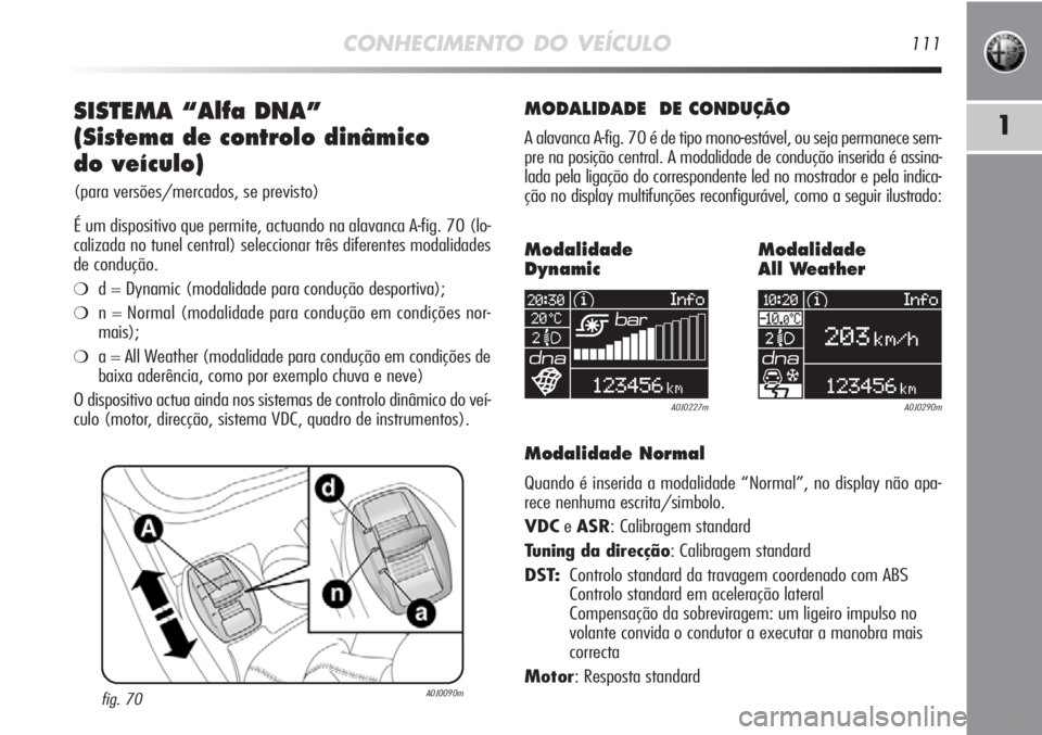Alfa Romeo MiTo 2012  Manual de Uso e Manutenção (in Portuguese) CONHECIMENTO DO VEÍCULO111
1SISTEMA “Alfa DNA”
(Sistema de controlo dinâmico 
do veículo) 
(para versões/mercados, se previsto)
É um dispositivo que permite, actuando na alavanca A-fig. 70 (l