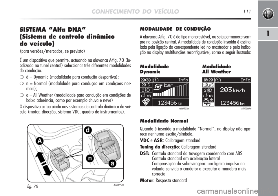 Alfa Romeo MiTo 2012 Manual de Uso e Manutenção (in Portuguese) CONHECIMENTO DO VEÍCULO111
1SISTEMA “Alfa DNA”
(Sistema de controlo dinâmico
do veículo)
(para versões/mercados, se previsto)
É um dispositivo que permite, actuando na alavanca A-fig. 70 (l Alfa Romeo MiTo 2012 Manual de Uso e Manutenção (in Portuguese) CONHECIMENTO DO VEÍCULO111
1SISTEMA “Alfa DNA”
(Sistema de controlo dinâmico
do veículo)
(para versões/mercados, se previsto)
É um dispositivo que permite, actuando na alavanca A-fig. 70 (l