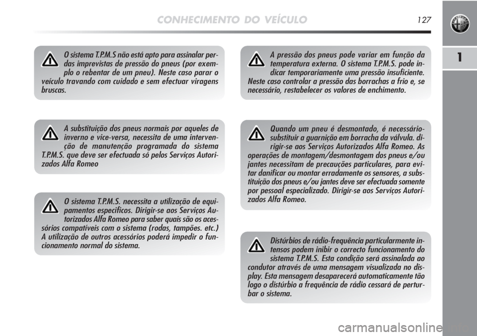 Alfa Romeo MiTo 2012 Manual de Uso e Manutenção (in Portuguese) CONHECIMENTO DO VEÍCULO127
1O sistema T.P.M.S não está apto para assinalar per-
das imprevistas de pressão do pneus (por exem-
plo o rebentar de um pneu). Neste caso parar o
veículo travando com Alfa Romeo MiTo 2012 Manual de Uso e Manutenção (in Portuguese) CONHECIMENTO DO VEÍCULO127
1O sistema T.P.M.S não está apto para assinalar per-
das imprevistas de pressão do pneus (por exem-
plo o rebentar de um pneu). Neste caso parar o
veículo travando com