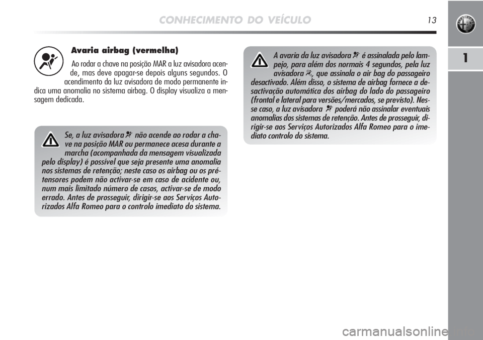 Alfa Romeo MiTo 2011 Manual de Uso e Manutenção (in Portuguese) CONHECIMENTO DO VEÍCULO13
1
Avaria airbag (vermelha)
Ao rodar a chave na posição MAR a luz avisadora acen-
de, mas deve apagar-se depois alguns segundos. O
acendimento da luz avisadora de modo perm Alfa Romeo MiTo 2011 Manual de Uso e Manutenção (in Portuguese) CONHECIMENTO DO VEÍCULO13
1
Avaria airbag (vermelha)
Ao rodar a chave na posição MAR a luz avisadora acen-
de, mas deve apagar-se depois alguns segundos. O
acendimento da luz avisadora de modo perm