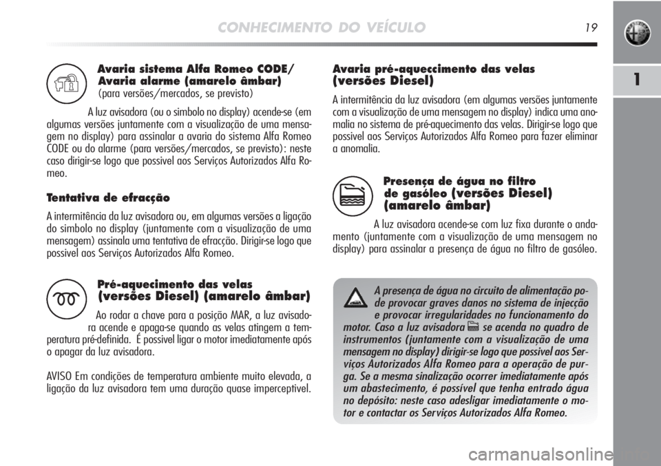 Alfa Romeo MiTo 2011 Manual de Uso e Manutenção (in Portuguese) CONHECIMENTO DO VEÍCULO19
1
Avaria sistema Alfa Romeo CODE/
Avaria alarme (amarelo âmbar)
(para versões/mercados, se previsto)
A luz avisadora (ou o simbolo no display) acende-se (em
algumas versõ Alfa Romeo MiTo 2011 Manual de Uso e Manutenção (in Portuguese) CONHECIMENTO DO VEÍCULO19
1
Avaria sistema Alfa Romeo CODE/
Avaria alarme (amarelo âmbar)
(para versões/mercados, se previsto)
A luz avisadora (ou o simbolo no display) acende-se (em
algumas versõ