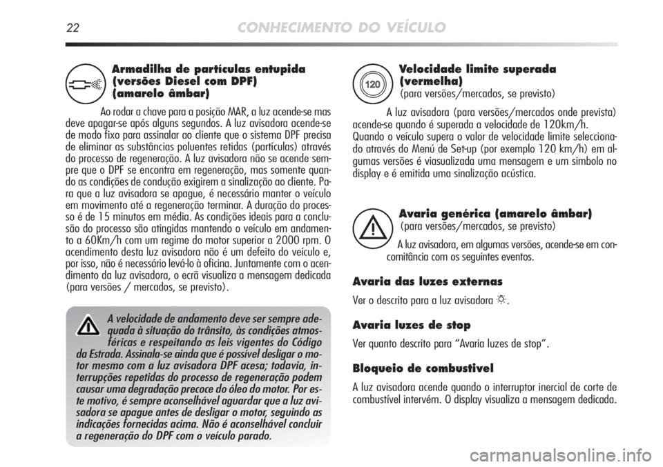 Alfa Romeo MiTo 2011 Manual de Uso e Manutenção (in Portuguese) 22CONHECIMENTO DO VEÍCULO
Velocidade limite superada
(vermelha)
(para versões/mercados, se previsto)
A luz avisadora (para versões/mercados onde prevista)
acende-se quando é superada a velocidad Alfa Romeo MiTo 2011 Manual de Uso e Manutenção (in Portuguese) 22CONHECIMENTO DO VEÍCULO
Velocidade limite superada
(vermelha)
(para versões/mercados, se previsto)
A luz avisadora (para versões/mercados onde prevista)
acende-se quando é superada a velocidad