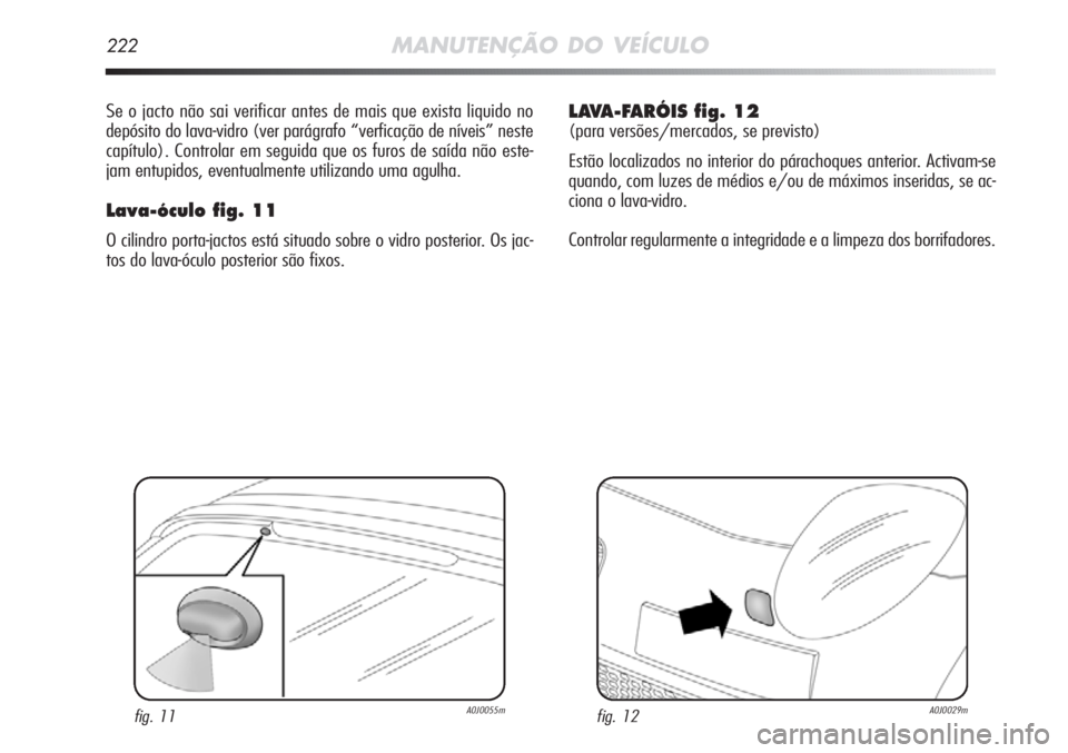 Alfa Romeo MiTo 2011  Manual de Uso e Manutenção (in Portuguese) 222MANUTENÇÃO DO VEÍCULO
Se o jacto não sai verificar antes de mais que exista liquido no
depósito do lava-vidro (ver parágrafo “verficação de níveis” neste
capítulo). Controlar em segui
