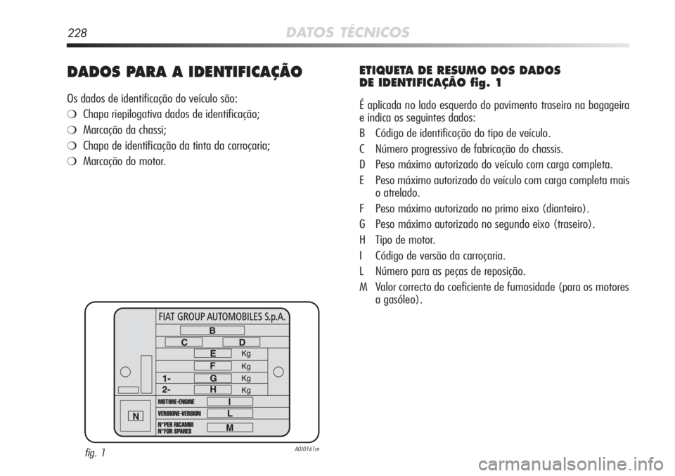 Alfa Romeo MiTo 2011  Manual de Uso e Manutenção (in Portuguese) 228DATOS TÉCNICOS
DADOS PARA A IDENTIFICAÇÃO 
Os dados de identificação do veículo são:
❍Chapa riepilogativa dados de identificação;
❍Marcação da chassi;
❍Chapa de identificação da 