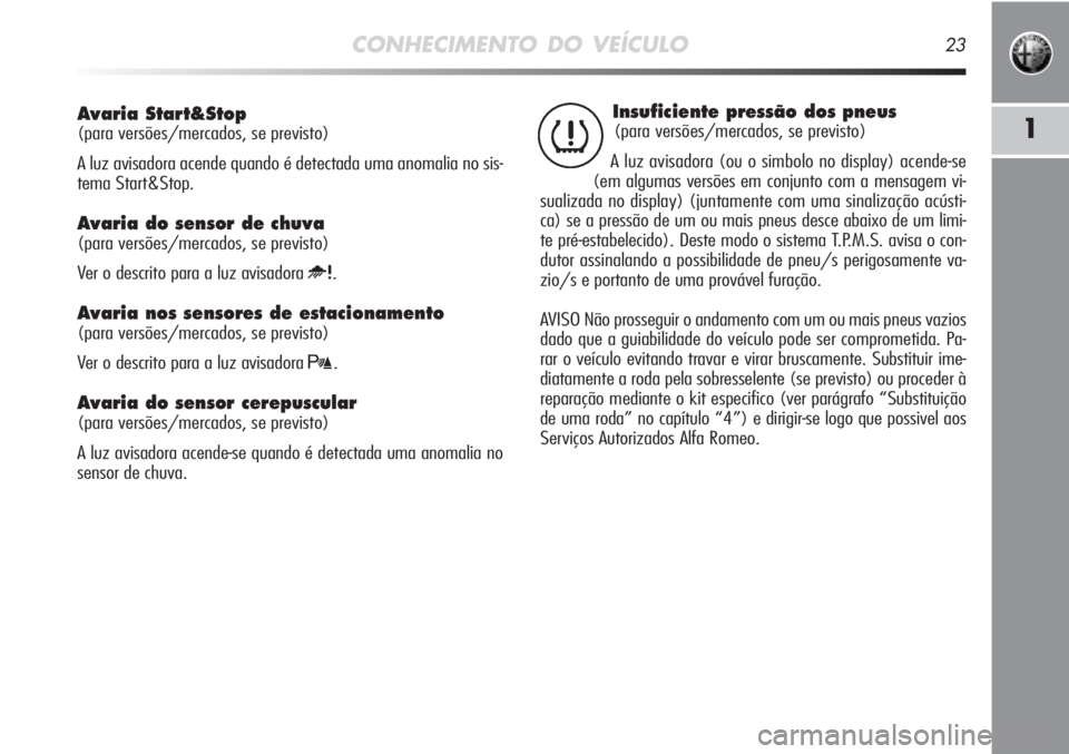 Alfa Romeo MiTo 2011 Manual de Uso e Manutenção (in Portuguese) CONHECIMENTO DO VEÍCULO23
1
Avaria Start&Stop
(para versões/mercados, se previsto)
A luz avisadora acende quando é detectada uma anomalia no sis-
tema Start&Stop.
Avaria do sensor de chuva
(para Alfa Romeo MiTo 2011 Manual de Uso e Manutenção (in Portuguese) CONHECIMENTO DO VEÍCULO23
1
Avaria Start&Stop
(para versões/mercados, se previsto)
A luz avisadora acende quando é detectada uma anomalia no sis-
tema Start&Stop.
Avaria do sensor de chuva
(para
