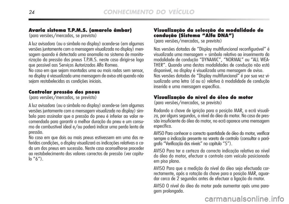 Alfa Romeo MiTo 2011 Manual de Uso e Manutenção (in Portuguese) 24CONHECIMENTO DO VEÍCULO
Avaria sistema T.P.M.S. (amarelo âmbar)
(para versões/mercados, se previsto)
A luz avisadora (ou o simbolo no display) acende-se (em algumas
versões juntamente com a mens Alfa Romeo MiTo 2011 Manual de Uso e Manutenção (in Portuguese) 24CONHECIMENTO DO VEÍCULO
Avaria sistema T.P.M.S. (amarelo âmbar)
(para versões/mercados, se previsto)
A luz avisadora (ou o simbolo no display) acende-se (em algumas
versões juntamente com a mens