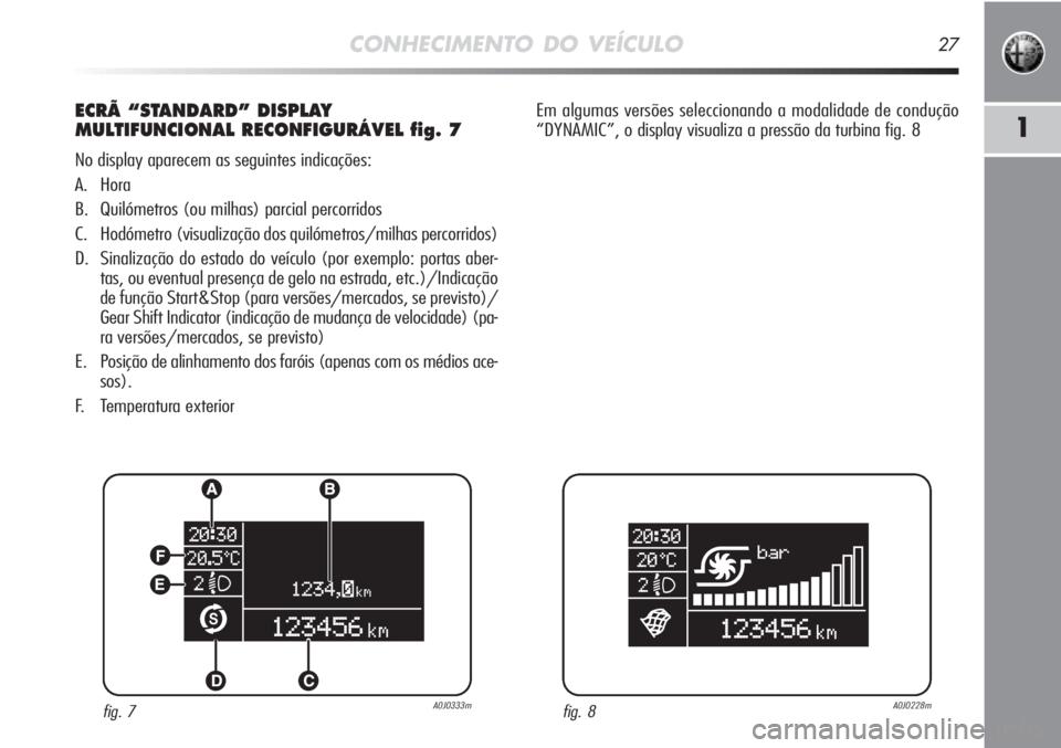 Alfa Romeo MiTo 2011 Manual de Uso e Manutenção (in Portuguese) CONHECIMENTO DO VEÍCULO27
1
ECRÃ “STANDARD” DISPLAY
MULTIFUNCIONAL RECONFIGURÁVEL fig. 7
No display aparecem as seguintes indicações:
A. Hora
B. Quilómetros (ou milhas) parcial percorridos
C Alfa Romeo MiTo 2011 Manual de Uso e Manutenção (in Portuguese) CONHECIMENTO DO VEÍCULO27
1
ECRÃ “STANDARD” DISPLAY
MULTIFUNCIONAL RECONFIGURÁVEL fig. 7
No display aparecem as seguintes indicações:
A. Hora
B. Quilómetros (ou milhas) parcial percorridos
C