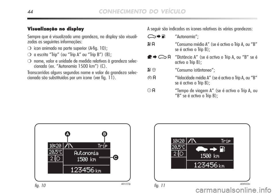 Alfa Romeo MiTo 2011 Manual de Uso e Manutenção (in Portuguese) 44CONHECIMENTO DO VEÍCULO
Visualização no display
Sempre que é visualizada uma grandeza, no display são visuali-
zadas as seguintes informações:
❍icon animado na parte superior (A-fig. 10);
Alfa Romeo MiTo 2011 Manual de Uso e Manutenção (in Portuguese) 44CONHECIMENTO DO VEÍCULO
Visualização no display
Sempre que é visualizada uma grandeza, no display são visuali-
zadas as seguintes informações:
❍icon animado na parte superior (A-fig. 10);