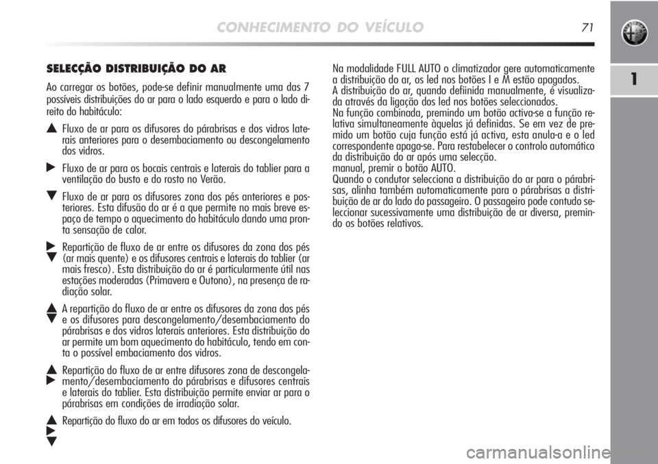 Alfa Romeo MiTo 2011  Manual de Uso e Manutenção (in Portuguese) CONHECIMENTO DO VEÍCULO71
1
Na modalidade FULL AUTO o climatizador gere automaticamente
a distribuição do ar, os led nos botões I e M estão apagados.
A distribuição do ar, quando defiinida manu