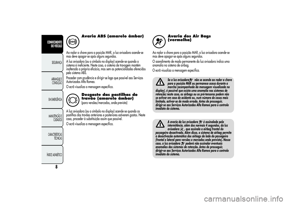 Alfa Romeo MiTo 2013  Manual de Uso e Manutenção (in Portuguese) Avaria ABS (amarelo âmbar)
Ao rodar a chave para a posição MAR, a luz avisadora acende-se
mas deve apagar-se após alguns segundos.
A luz avisadora (ou o símbolo no display) acende-se quando o
sis
