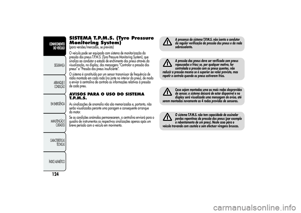 Alfa Romeo MiTo 2013  Manual de Uso e Manutenção (in Portuguese) SISTEMA T.P.M.S. (Tyre Pressure
Monitoring System)(para versões/mercados, se previsto)
O veículo pode ser equipado com sistema de monitorização da
pressão dos pneus T.P.M.S. (Tyre Pressure Monito