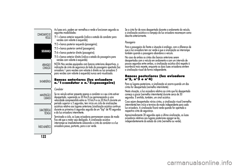 Alfa Romeo MiTo 2013  Manual de Uso e Manutenção (in Portuguese) As luzes avis. podem ser vermelhas e verde e funcionam segundo as
seguintes modalidades:
❒1 = banco anterior esquerdo (indica o estado do condutor para
versões com volante à esquerda);
❒2 = banc