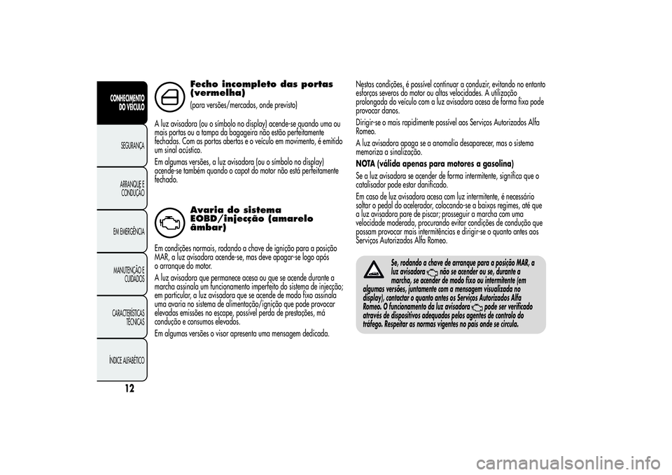 Alfa Romeo MiTo 2013  Manual de Uso e Manutenção (in Portuguese) Fecho incompleto das portas
(vermelha)(para versões/mercados, onde previsto)
A luz avisadora (ou o símbolo no display) acende-se quando uma ou
mais portas ou a tampa da bagageira não estão perfeit